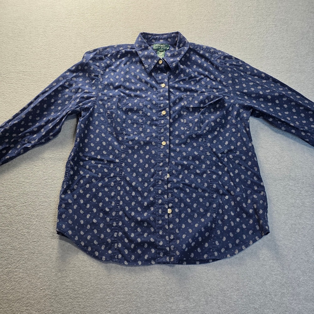 Lauren Ralph Lauren Paisley Button Down Shirt Womens Large Navy Blue 100% Cotton